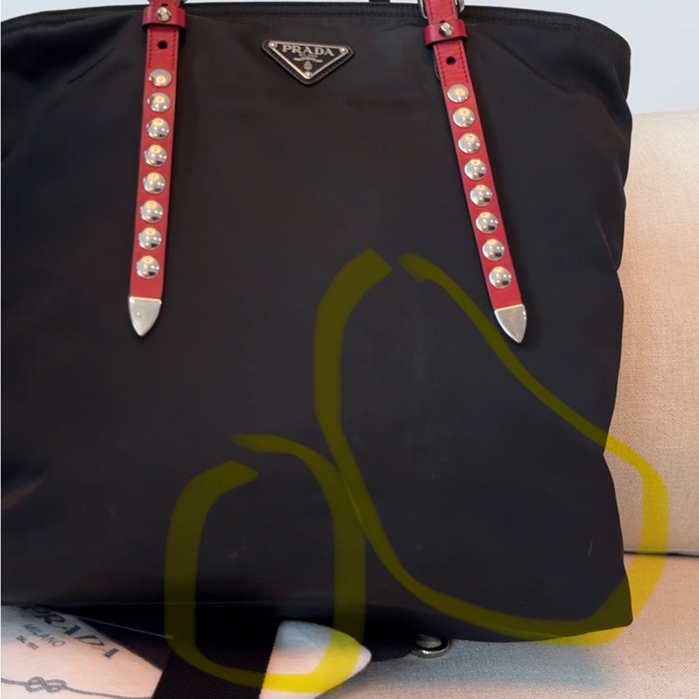 Prada Vela Studded Nylon Black and Red Convertible Tote Bag - Picture 16 of 16